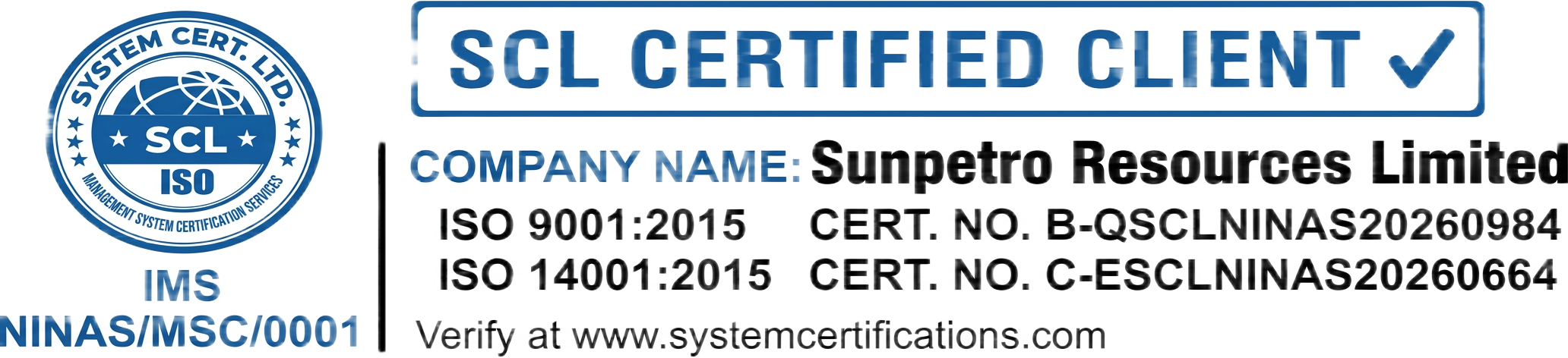 SCL certified client — ISO 9001:2015 and ISO 14001:2015