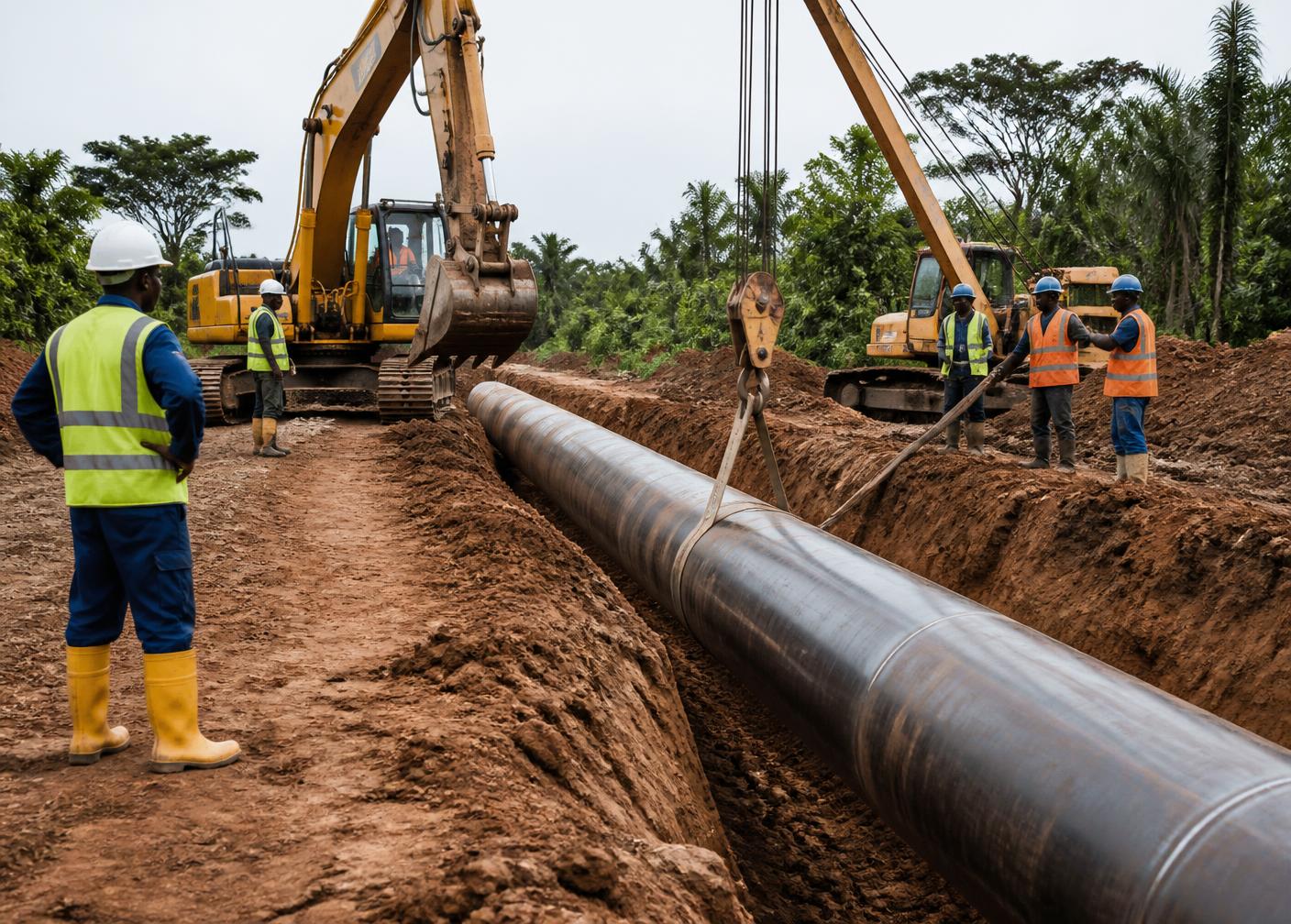 Pipeline construction crew lowering a welded line into a trench