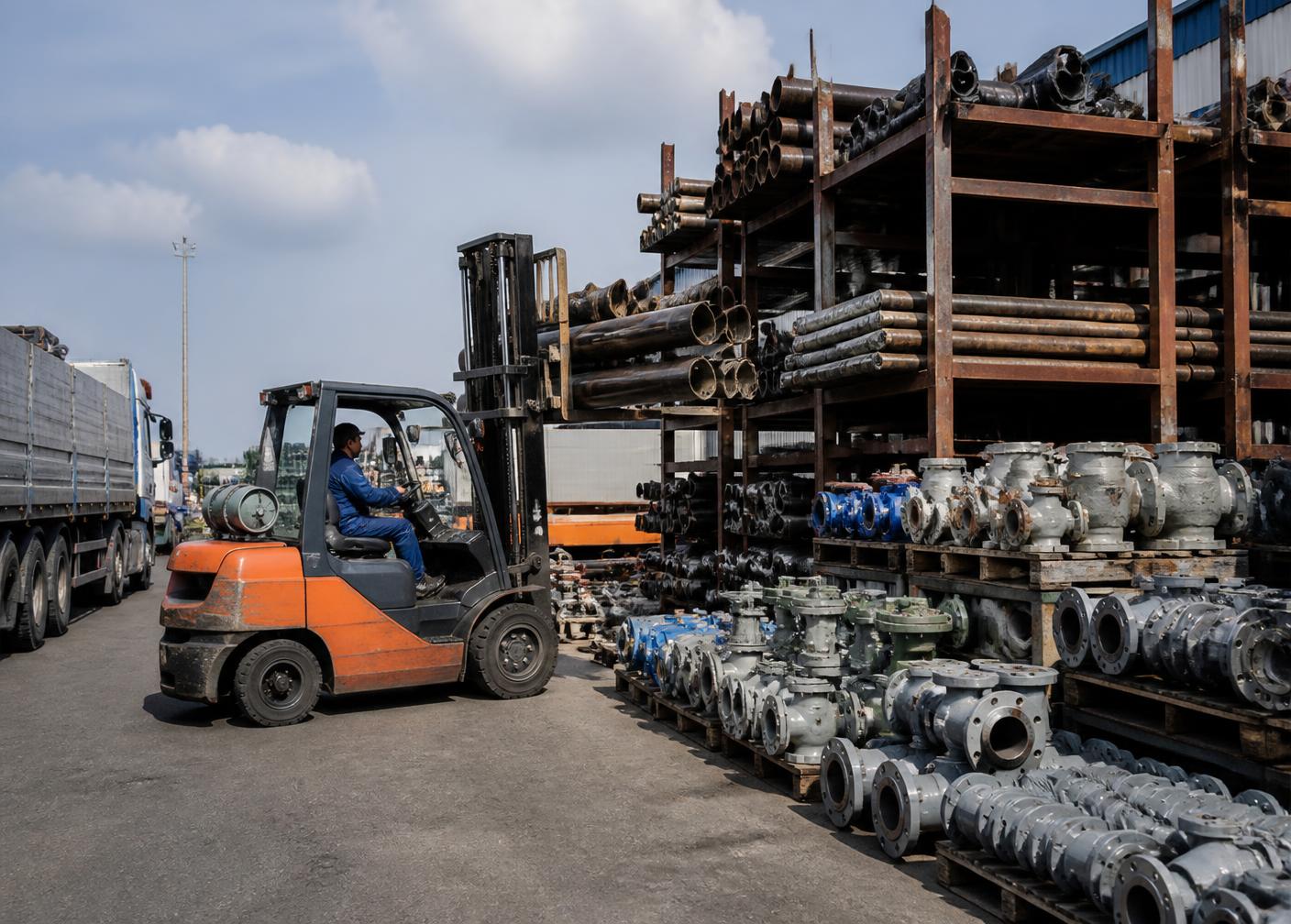 Industrial supply yard with stacked pipes and valves